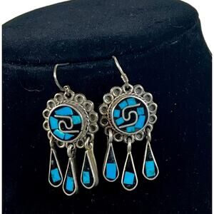 VTG Sterling Silver Turquoise Multi Color Inlay Dangle Drop Earrings- Mexico IDM